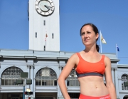 Shannon-Rowbury;professional-runner;athlete;5000-meters;1500-meters;bronze-medalist;olypmian;female;woman;Nike;sponsored;portrait;wharf;San-Francisco;clock-tower;icon;landmark;standing